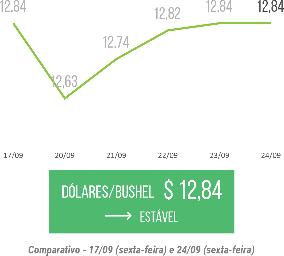 Dólar por bushel de soja: gráfico mostra variação entre os dias 17 e 24 de setembro e destaca o valor de fechamento da semana: 12,84 dólares por bushel, mantendo-se estável.